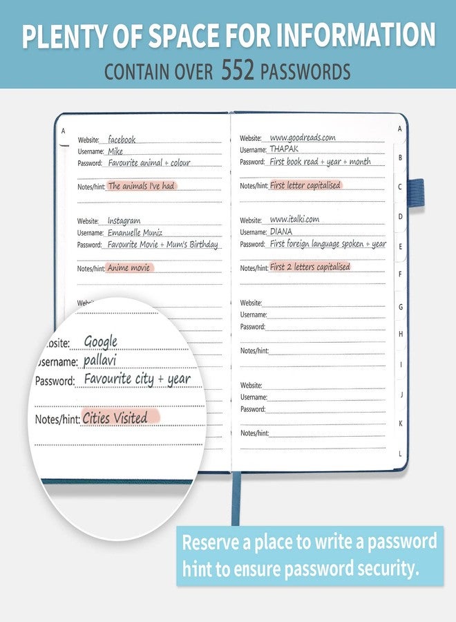 Blugool Password Book with Alphabetical Tabs, Hardcover Password Keeper, Password Notebook Organizer for Computer and Internet Address Website Login, Gifts for Home and Office, 5.3''x 7.7''- Navy Blue - Image 4